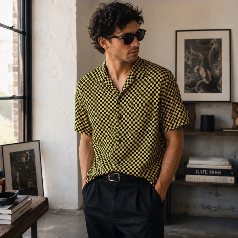 Alexander Wang Sz Large Sample Checkered Green Black Button Down Shirt Hipster